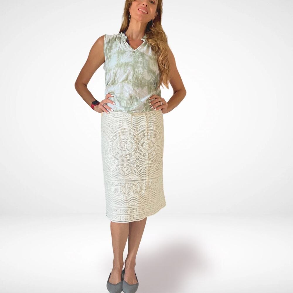 Lined Lace Pencil Midi Skirt - White